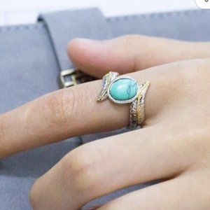 925 Silver Plated Green Turquoise Leather Shape Cut Ring